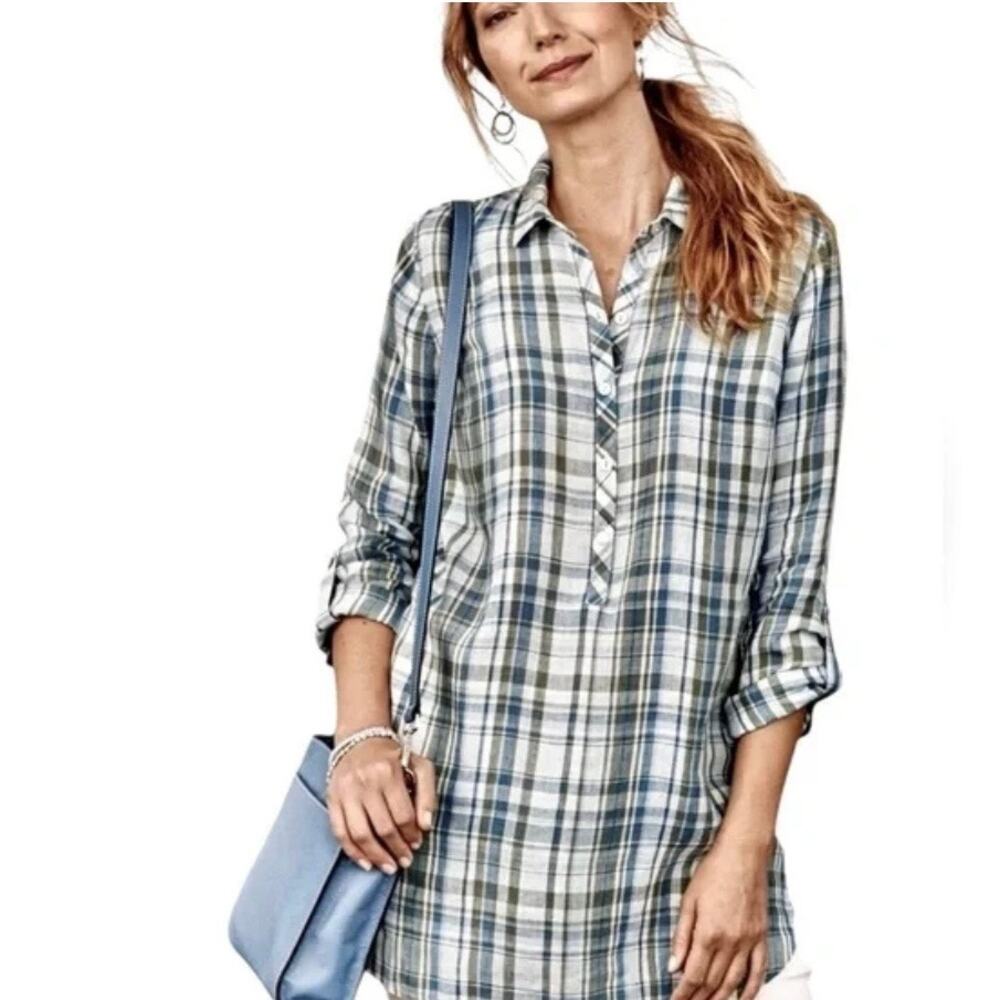 J. Jill Love Linen Popover Tunic Size M Plaid Roll Tab Sleeves 100% Linen Casual